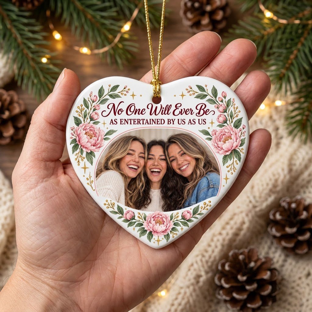Heart ceramic ornament with a heart-shaped photo of three women, pink peonies, green leaves, and gold sparkles around th