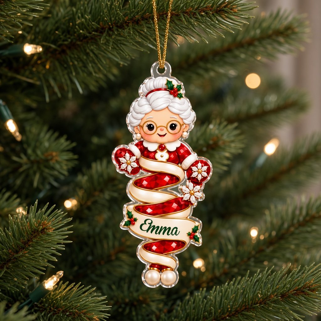 Clear acrylic ornaments shaped like a Christmas gnome and elf in red and green, each personalized with a name.