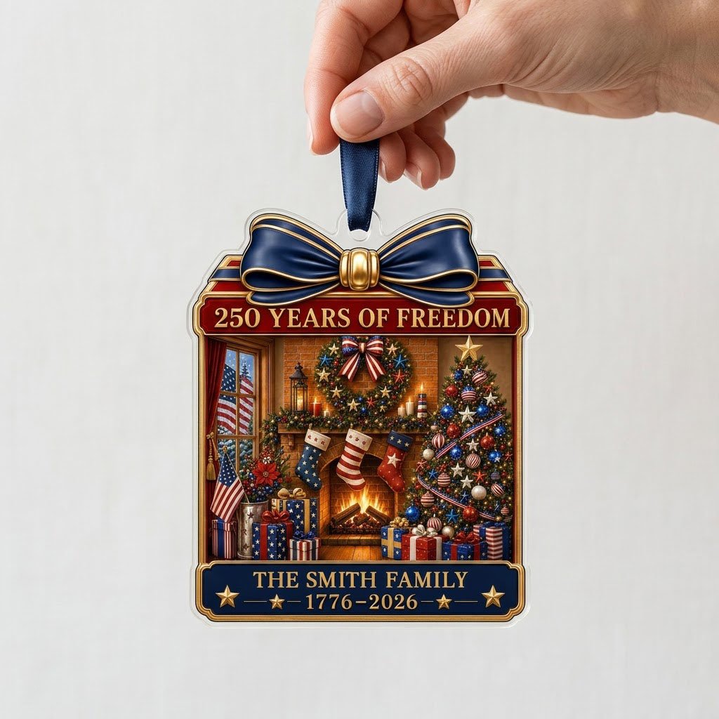 Personalized America 250th Christmas Fireplace Acrylic Ornament