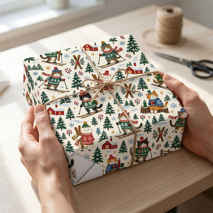 Wrapping paper featuring cartoon cats in winter gear skiing with pine trees, cabins, crossed skis and snowflakes.