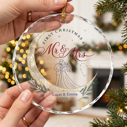Personalized First Christmas as Mr & Mrs Crescent Moon Round Glass Ornament