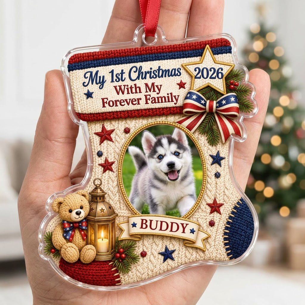 Stocking-shaped acrylic ornament with faux-knit design, pet photo oval, teddy bear, lantern and patriotic bow.