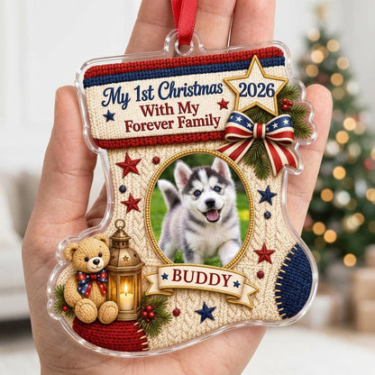 Stocking-shaped acrylic ornament with faux-knit design, pet photo oval, teddy bear, lantern and patriotic bow.