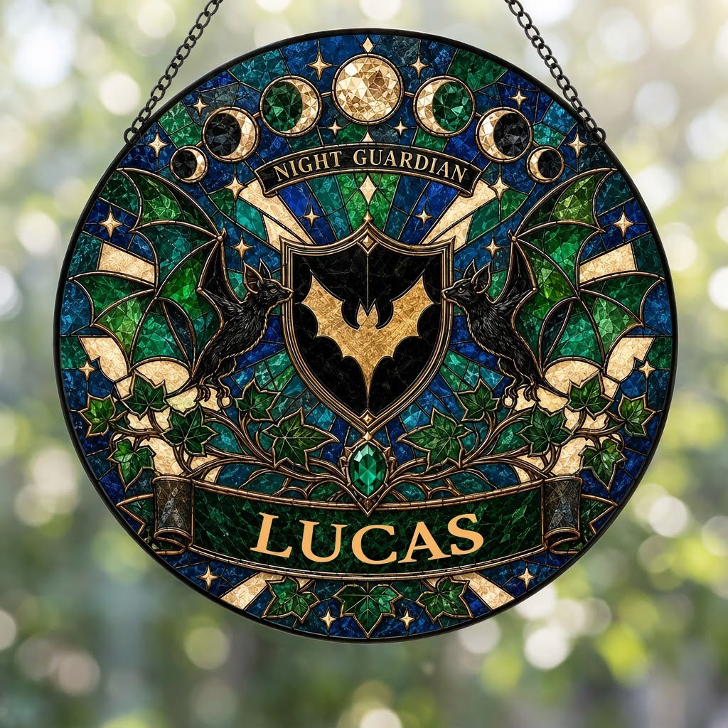 Round stained-glass suncatcher with gold bat shield, two black bats, moon phases, emerald gem, ivy and starbursts.