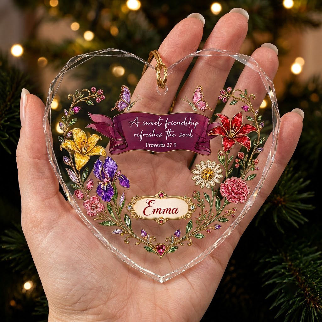 Heart stained glass suncatcher with floral wreath, burgundy banner, two jeweled butterflies, and the verse Proverbs 27:9