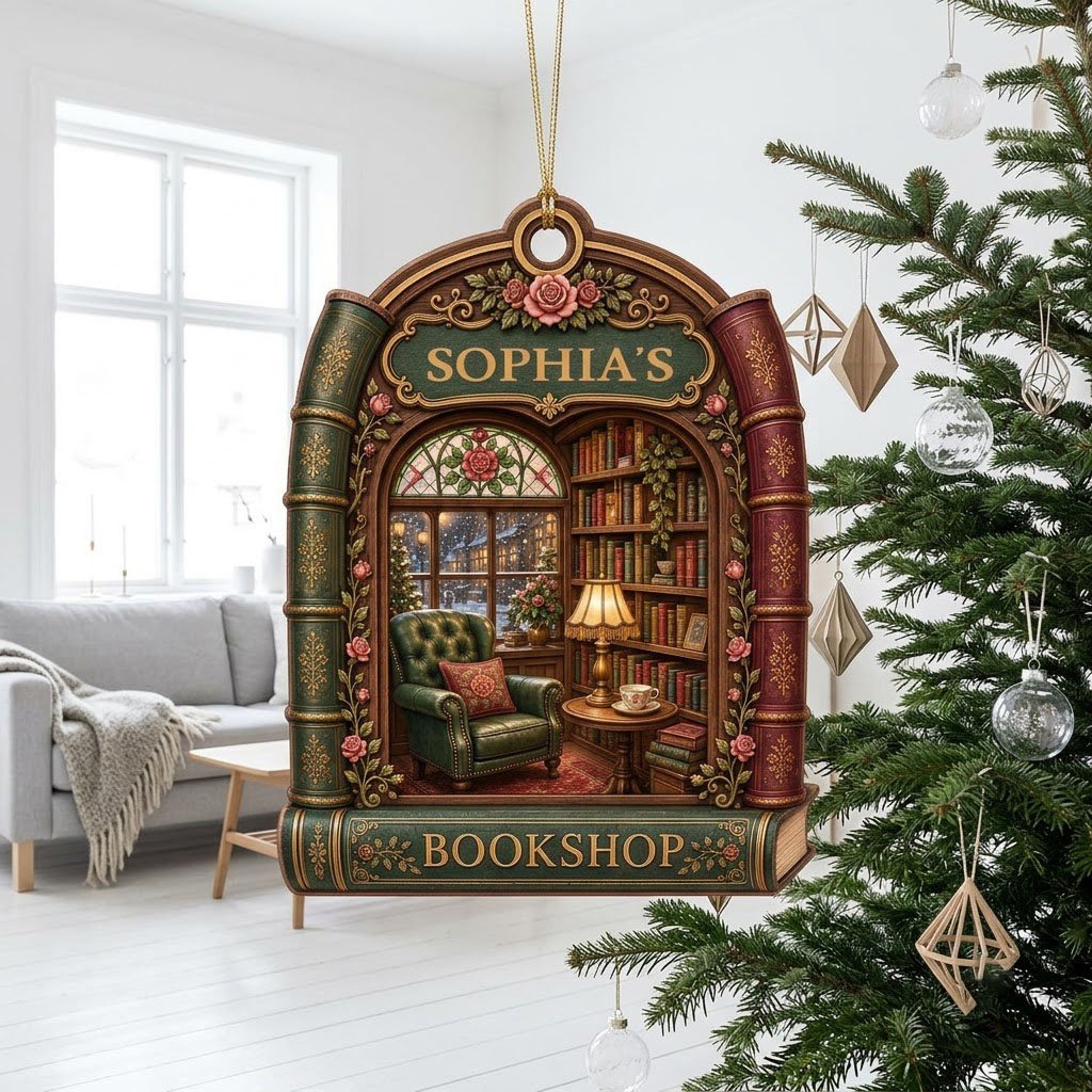 Arch-shaped wood ornament framed by book spines with BOOKSHOP and a cozy library scene with lamp and armchair.