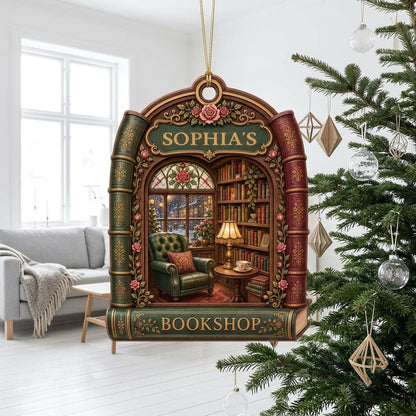 Arch-shaped wood ornament framed by book spines with BOOKSHOP and a cozy library scene with lamp and armchair.