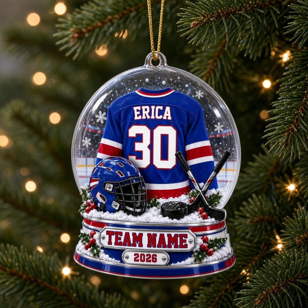 A custom-cut snow globe acrylic ornament with hockey jersey, helmet, crossed sticks, puck, and holly on the base.