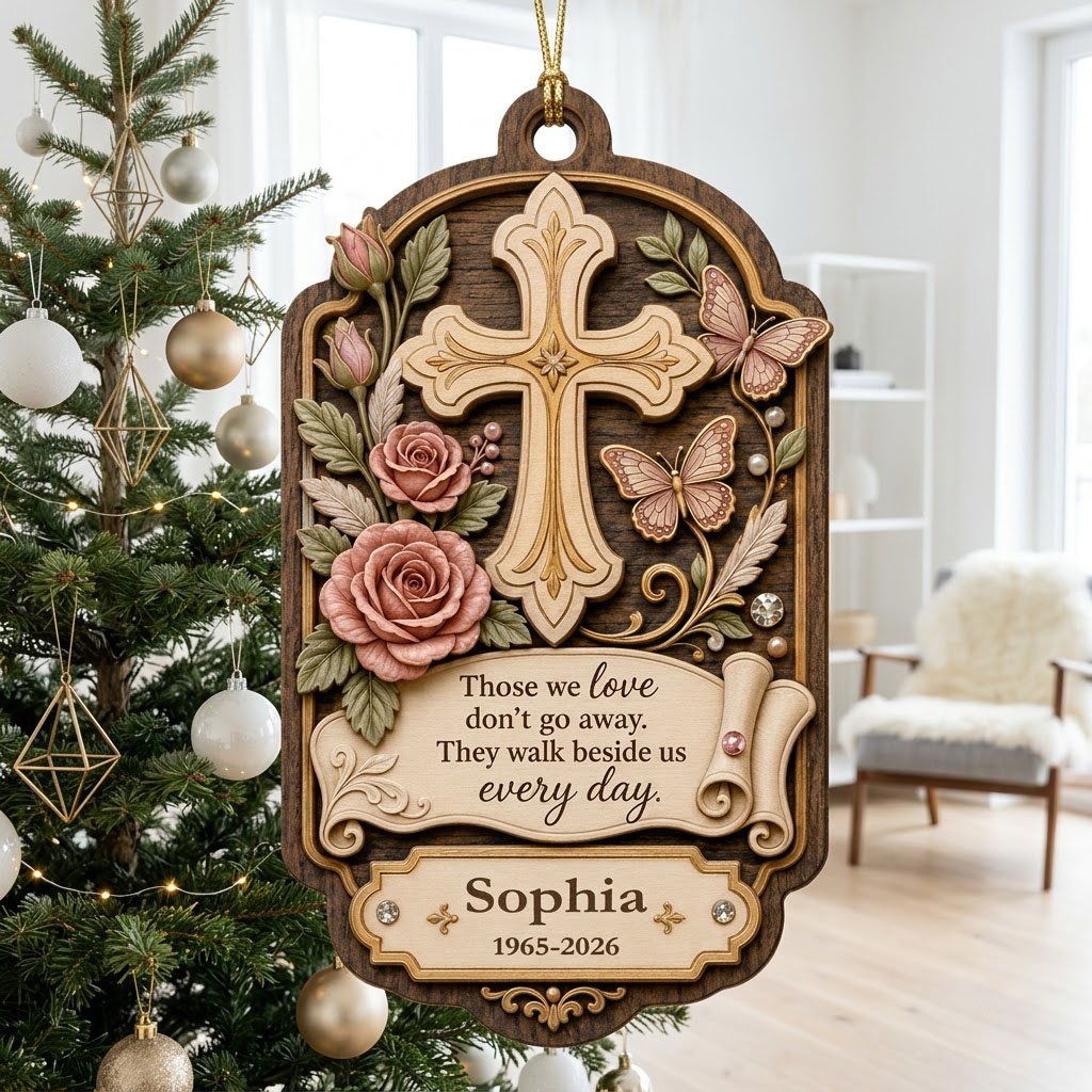 Ornate arch wood ornament with carved cross, roses, butterflies and memorial quote with name and dates.