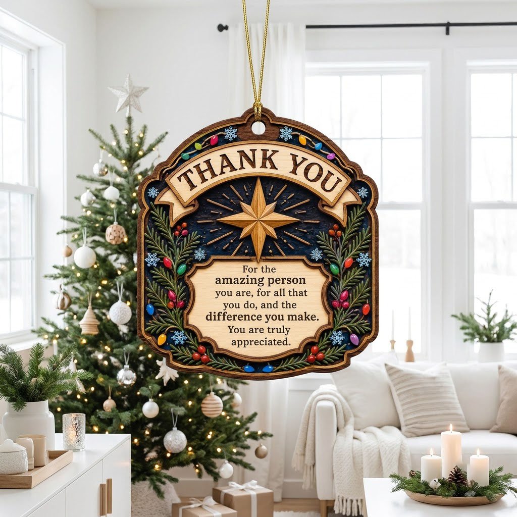 Ornate arch wood ornament with “THANK YOU” message, eight-point star, evergreens, berries, colorful lights, and snowflak