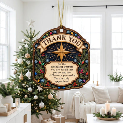 Ornate arch wood ornament with “THANK YOU” message, eight-point star, evergreens, berries, colorful lights, and snowflak