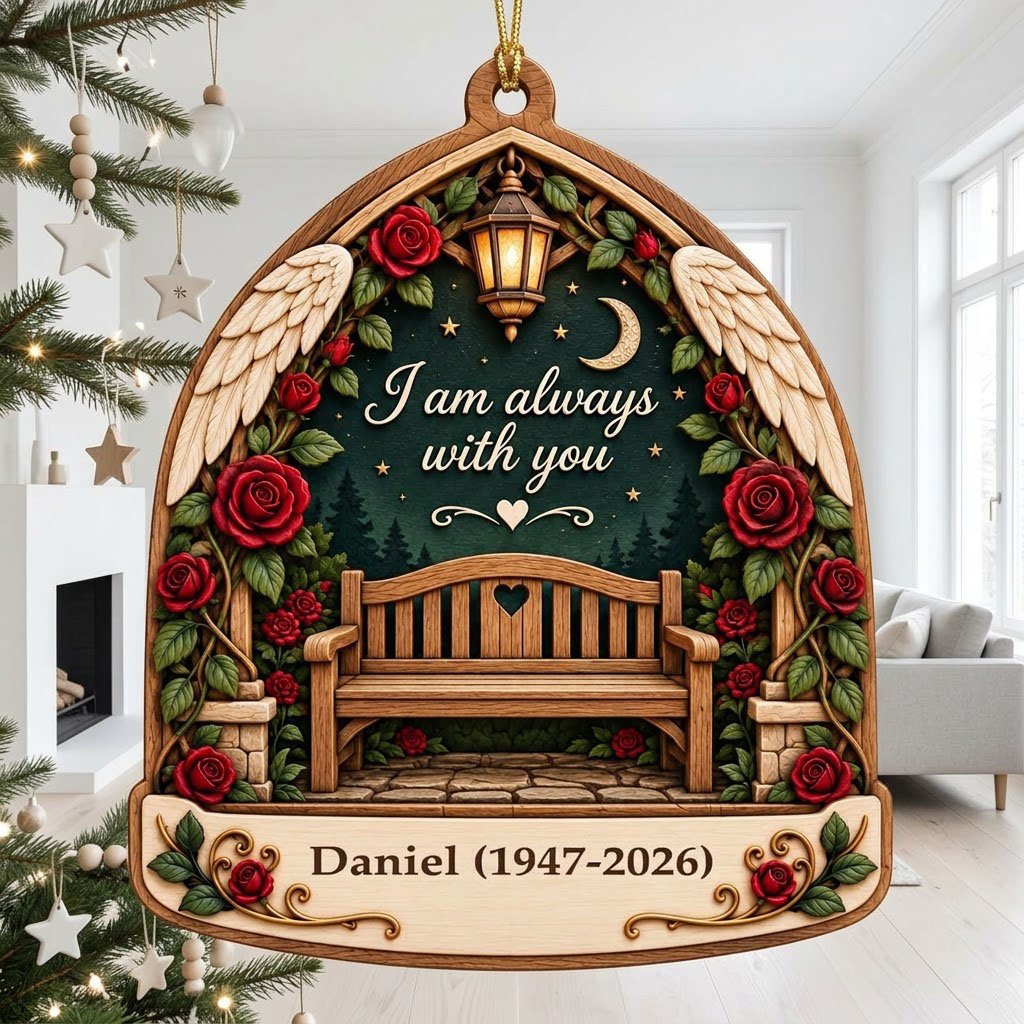 Arch-shaped wood ornament with bench, red roses, angel wings, lantern, and "I am always with you" quote.