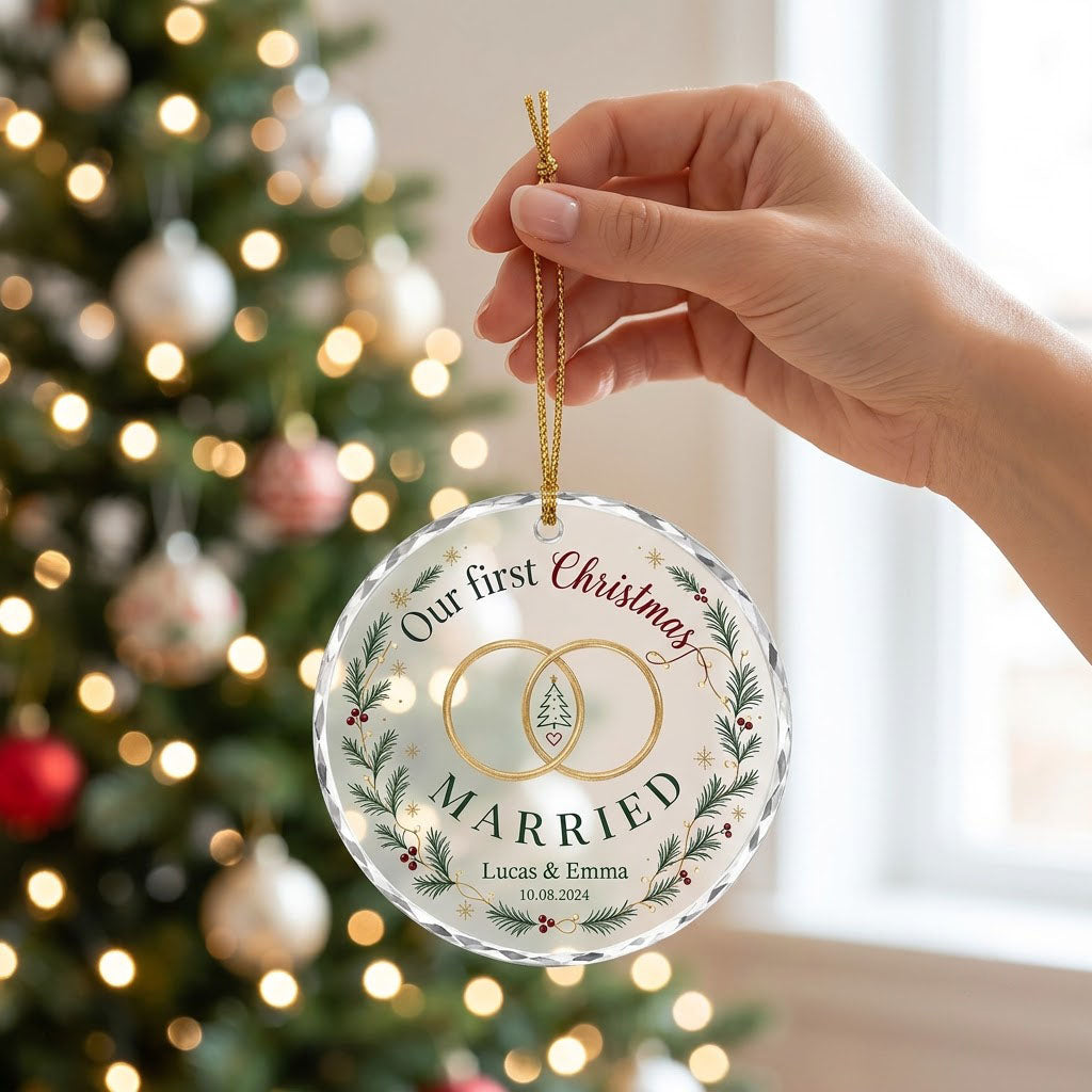 Personalized Our First Christmas Married Wedding Rings Wreath Round Glass Ornament