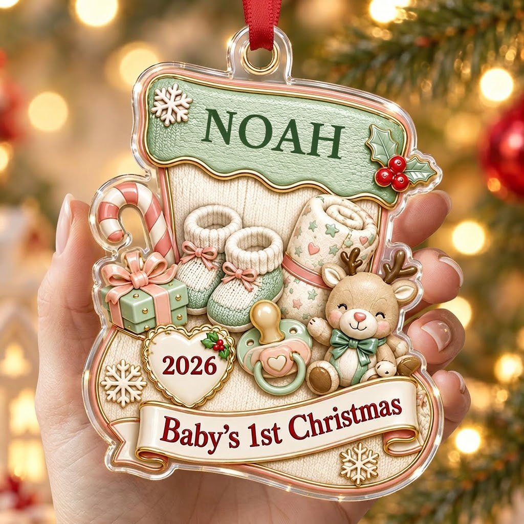 Stocking-shaped acrylic ornament with baby booties, reindeer toy and Baby's 1st Christmas on a cream banner.