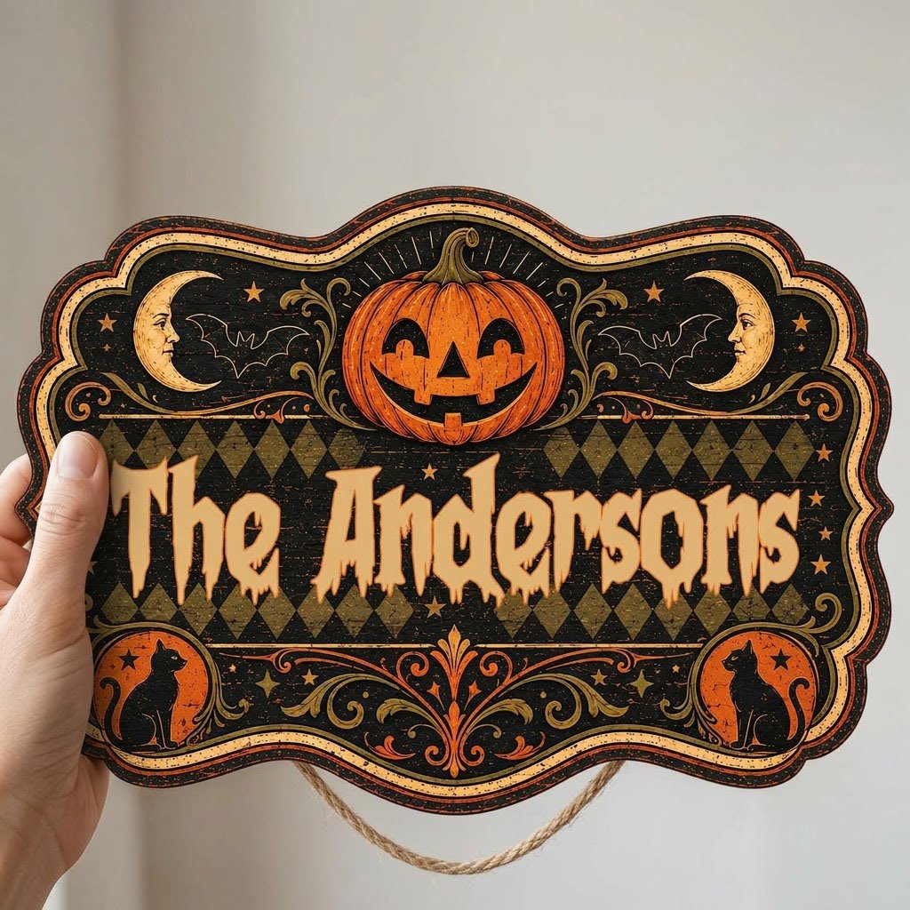 Ornate scalloped wooden sign with jack-o'-lantern, moons, bats, black cats and family name in Halloween style.
