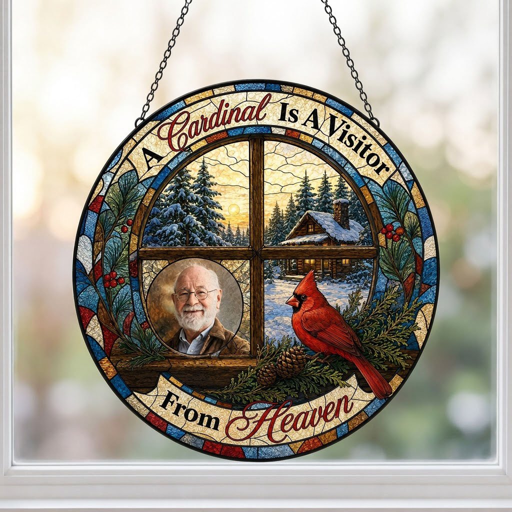 Stained glass suncatcher with a wooden four-pane window, snowy cabin scene, red cardinal on pine branches, and a circula