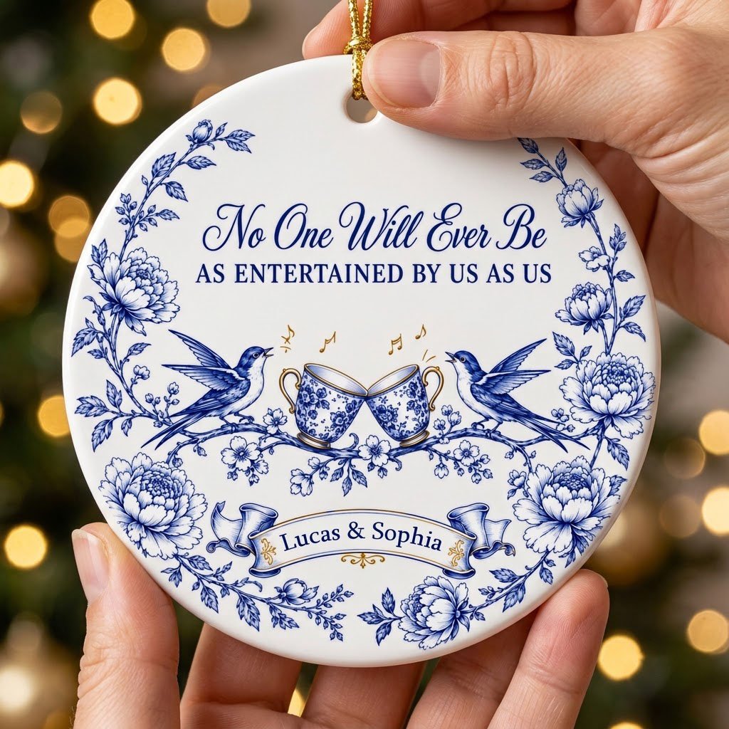 Round ceramic ornament with blue toile border, two birds, clinking floral teacups and gold music notes with two names.