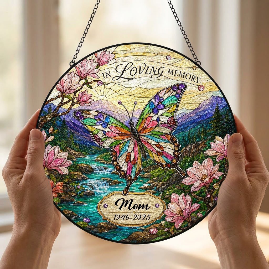 Personalized Butterfly Magnolia Mountain Landscape In Loving Memory Stained Glass Round Suncatcher