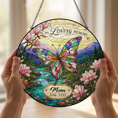 Personalized Butterfly Magnolia Mountain Landscape In Loving Memory Stained Glass Round Suncatcher