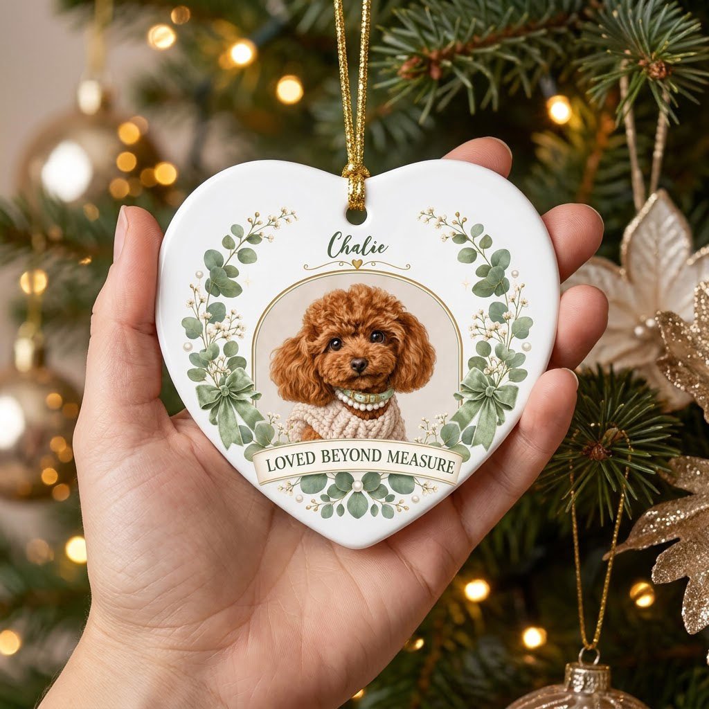 Heart ceramic ornament with dog photo in gold frame, eucalyptus wreath, green bows and 'LOVED BEYOND MEASURE' text