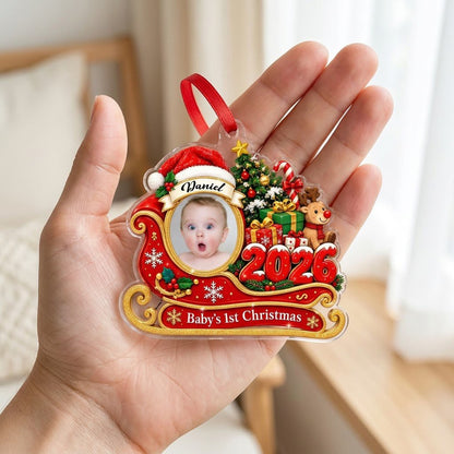 Custom-cut acrylic ornament shaped like a sleigh, reindeer and tree with a photo frame and Baby's 1st Christma text.