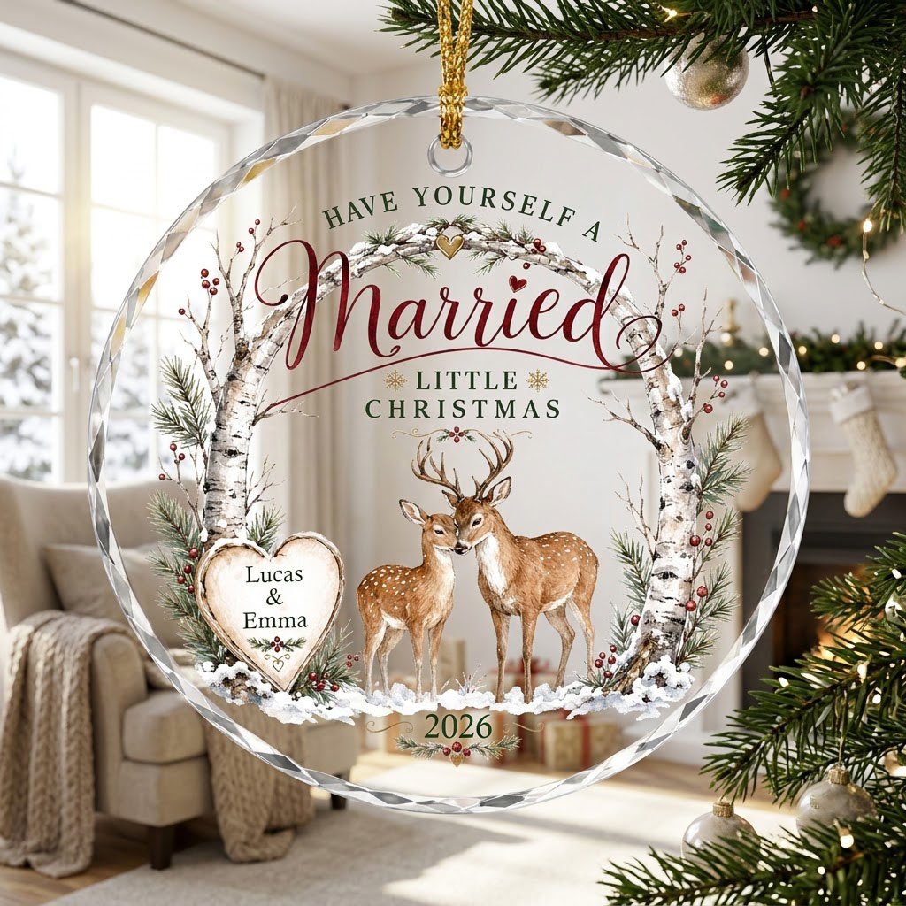 Personalized Have Yourself A Married Little Christmas Birch Deer Round Glass Ornament