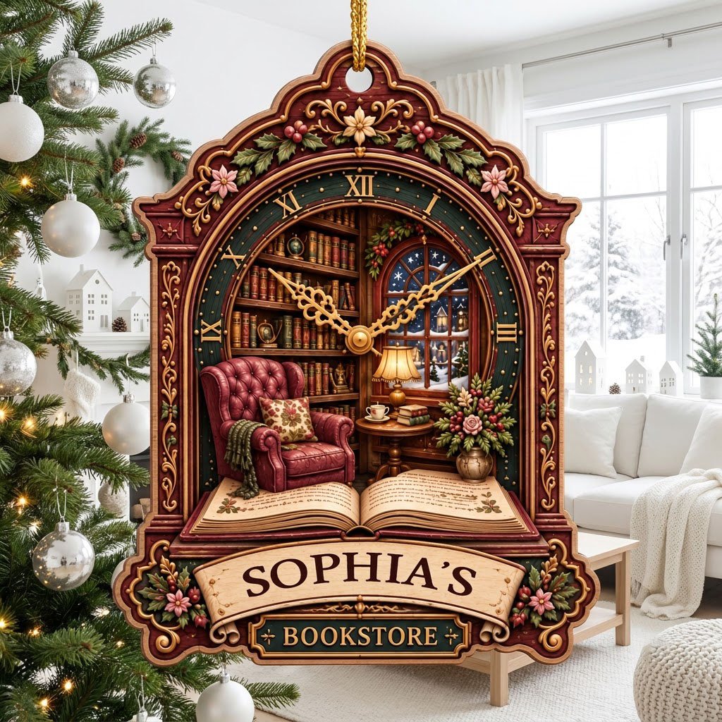 Ornate clock-shaped wood ornament with cozy bookstore scene, red armchair, bookshelves, arched window, and “BOOKSTORE” s