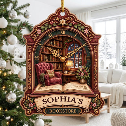 Ornate clock-shaped wood ornament with cozy bookstore scene, red armchair, bookshelves, arched window, and “BOOKSTORE” s