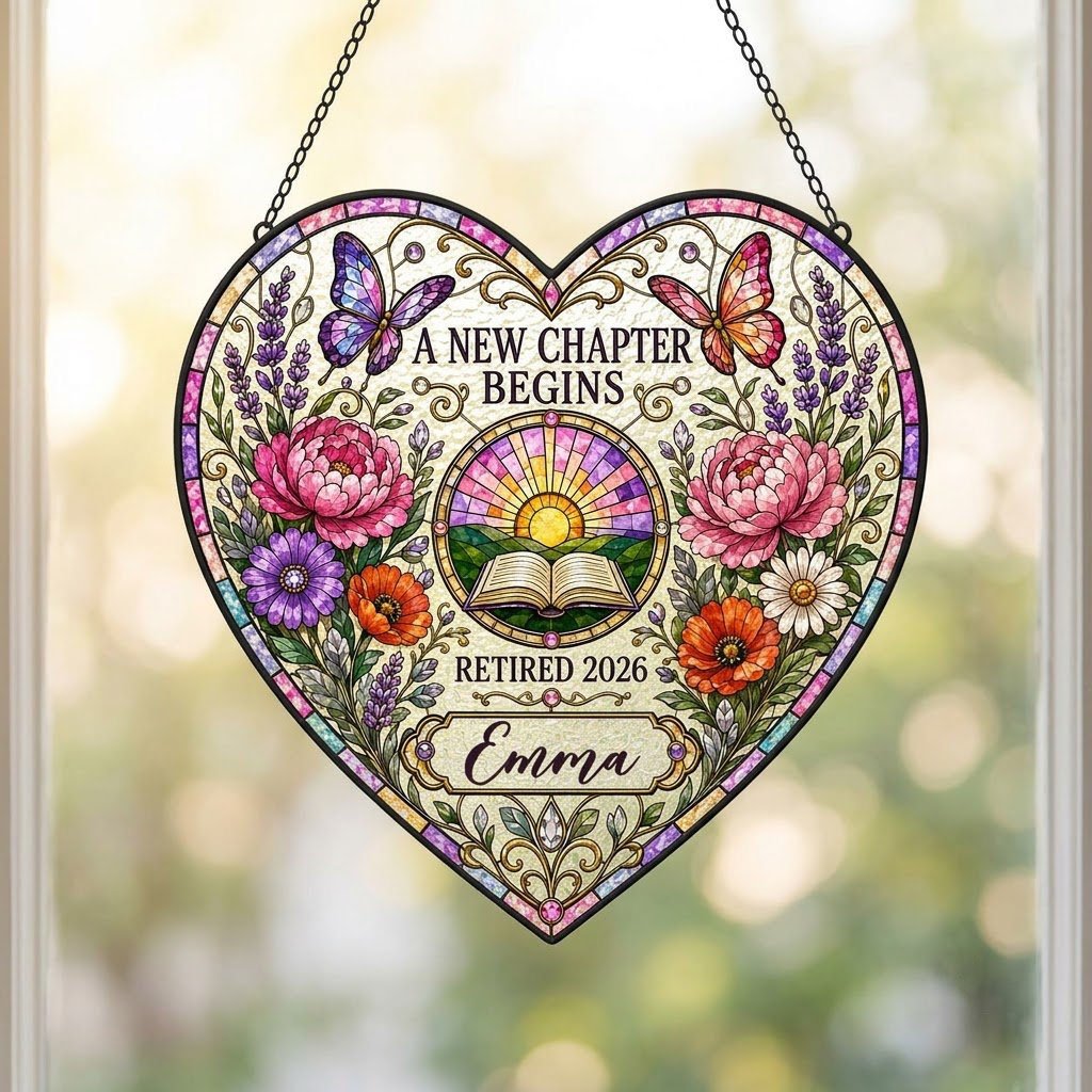Personalized Retirement Open Book & Sunrise A New Chapter Begins Heart Stained Glass Suncatcher