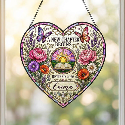 Personalized Retirement Open Book & Sunrise A New Chapter Begins Heart Stained Glass Suncatcher