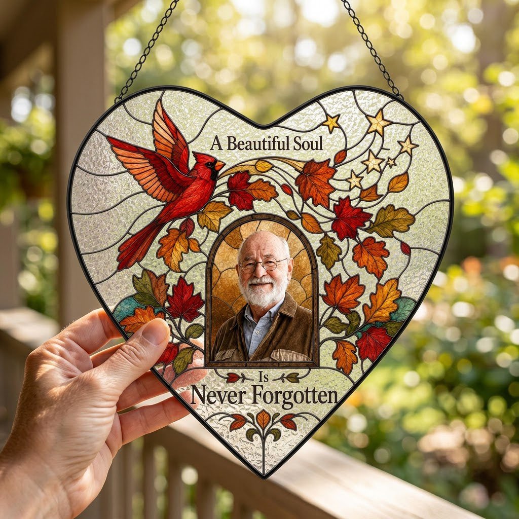 Heart stained glass suncatcher with flying red cardinal, autumn leaves, gold stars, and a central photo frame.