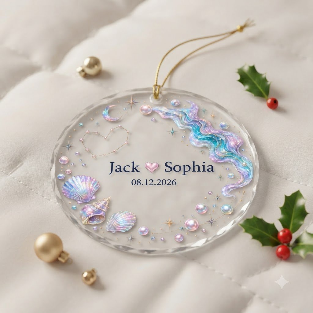 Round glass ornament with iridescent seashells, pearls, crescent moon, and a heart constellation with names and date.