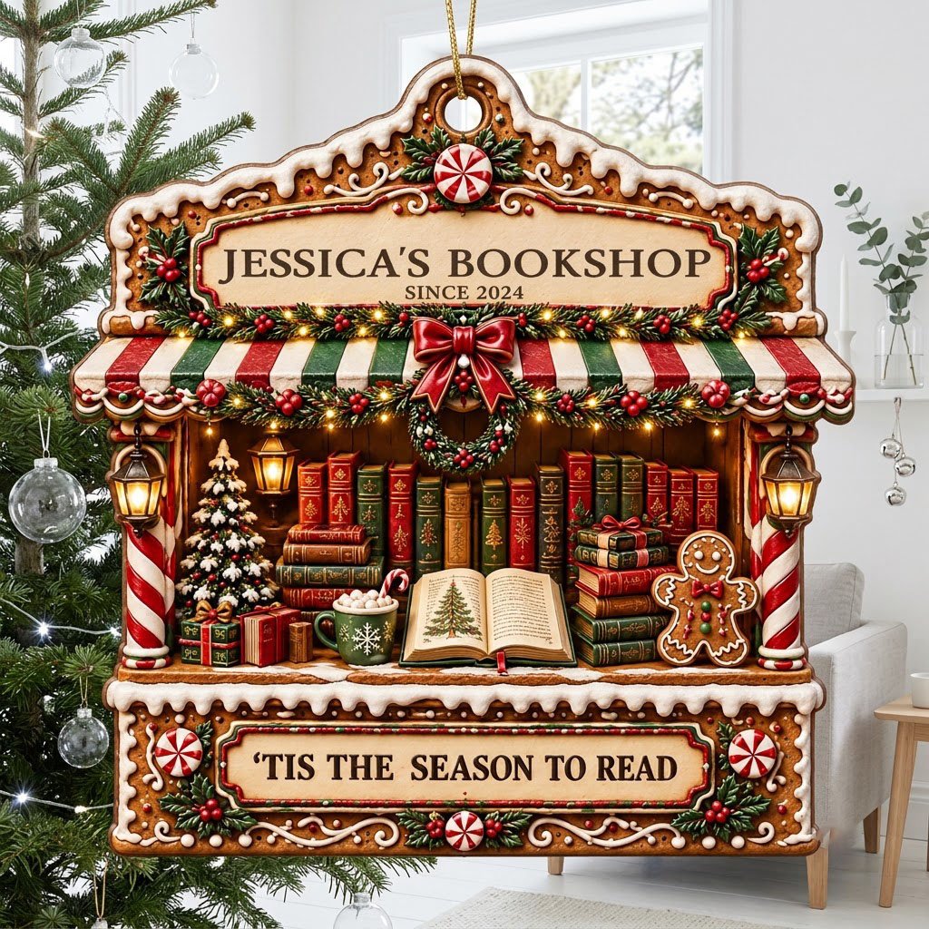 Gingerbread bookstore facade ornament with striped awning, wreath, books, lanterns, and 'TIS THE SEASON TO READ' text.