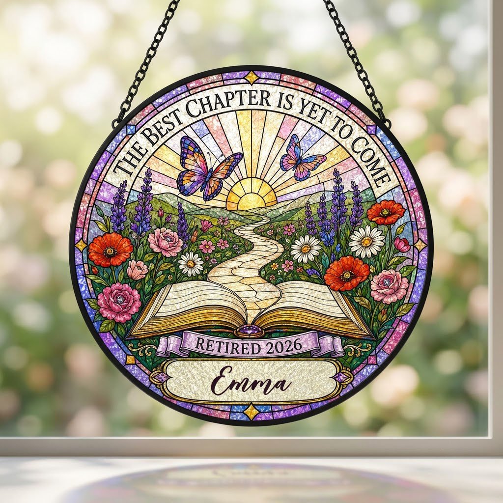 Personalized Retirement Open Book Pathway The Best Chapter Is Yet To Come Stained Glass Round Suncatcher