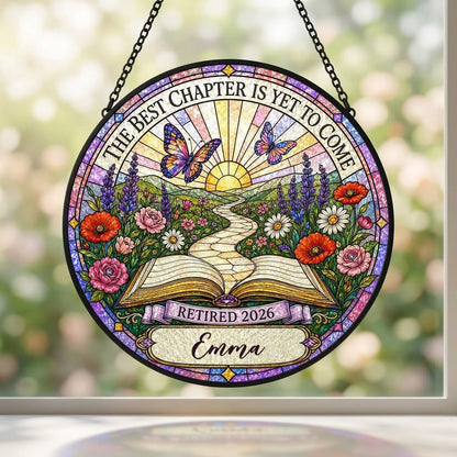 Personalized Retirement Open Book Pathway The Best Chapter Is Yet To Come Stained Glass Round Suncatcher