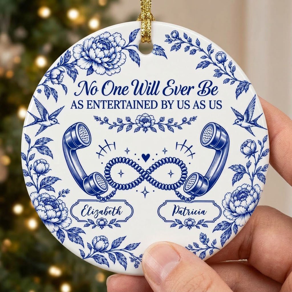 Blue toile round ornament with crown, swallows, vintage phones in an infinity and two name banners