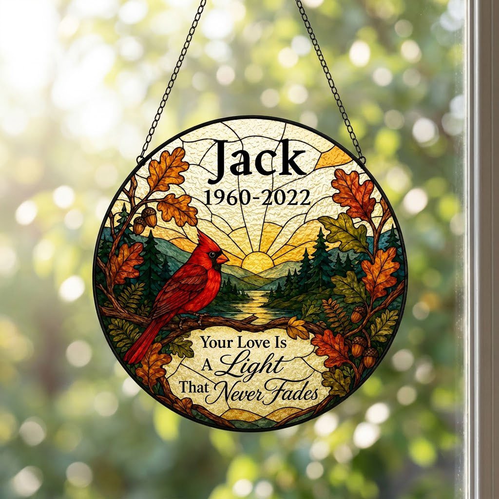 Round stained-glass style suncatcher with a red cardinal, oak leaves, mountains, a river and a radiant sun.