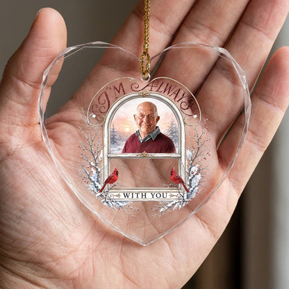 Heart-shaped glass ornament with red cardinals, arched photo window, and I'M ALWAYS WITH YOU text on a snowy winter scen
