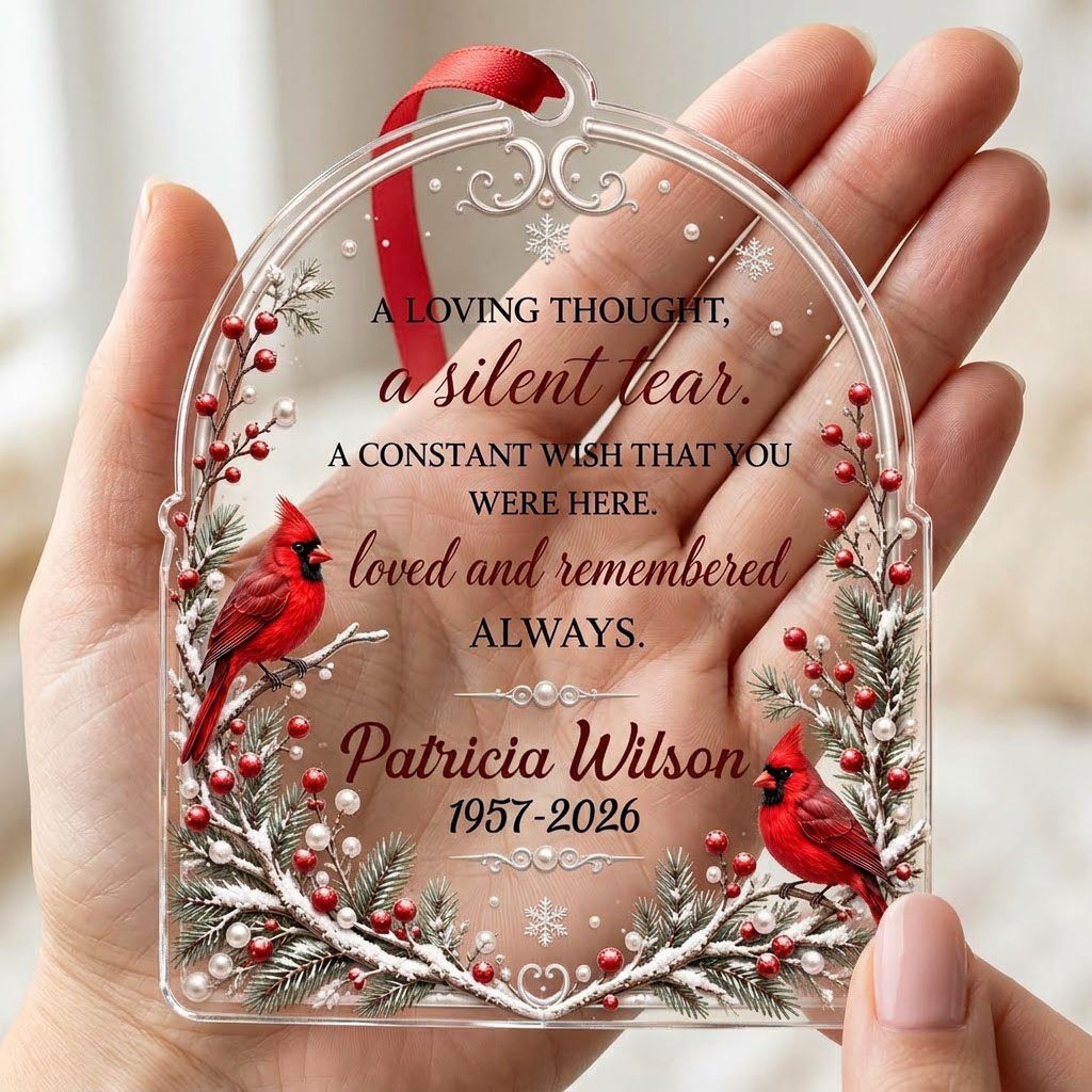 Clear acrylic arch ornament with two red cardinals, snowy evergreens, memorial verse, plus personalized name and dates.