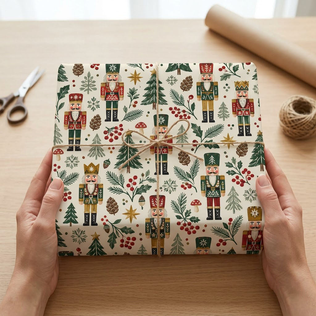 Vintage nutcracker wrapping paper with pine trees, pinecones, berries, gold stars and mushrooms on cream.
