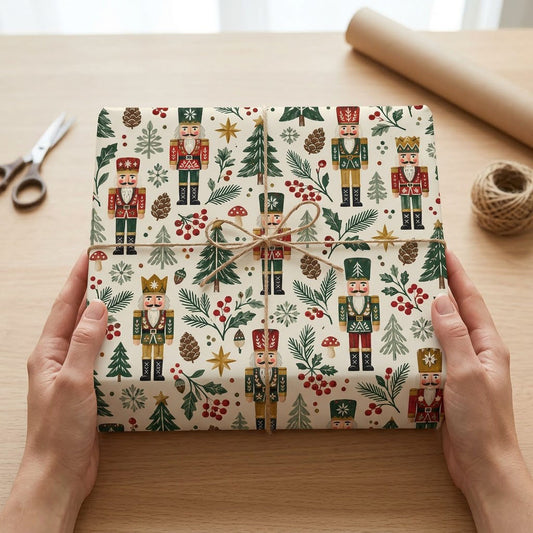 Vintage nutcracker wrapping paper with pine trees, pinecones, berries, gold stars and mushrooms on cream.