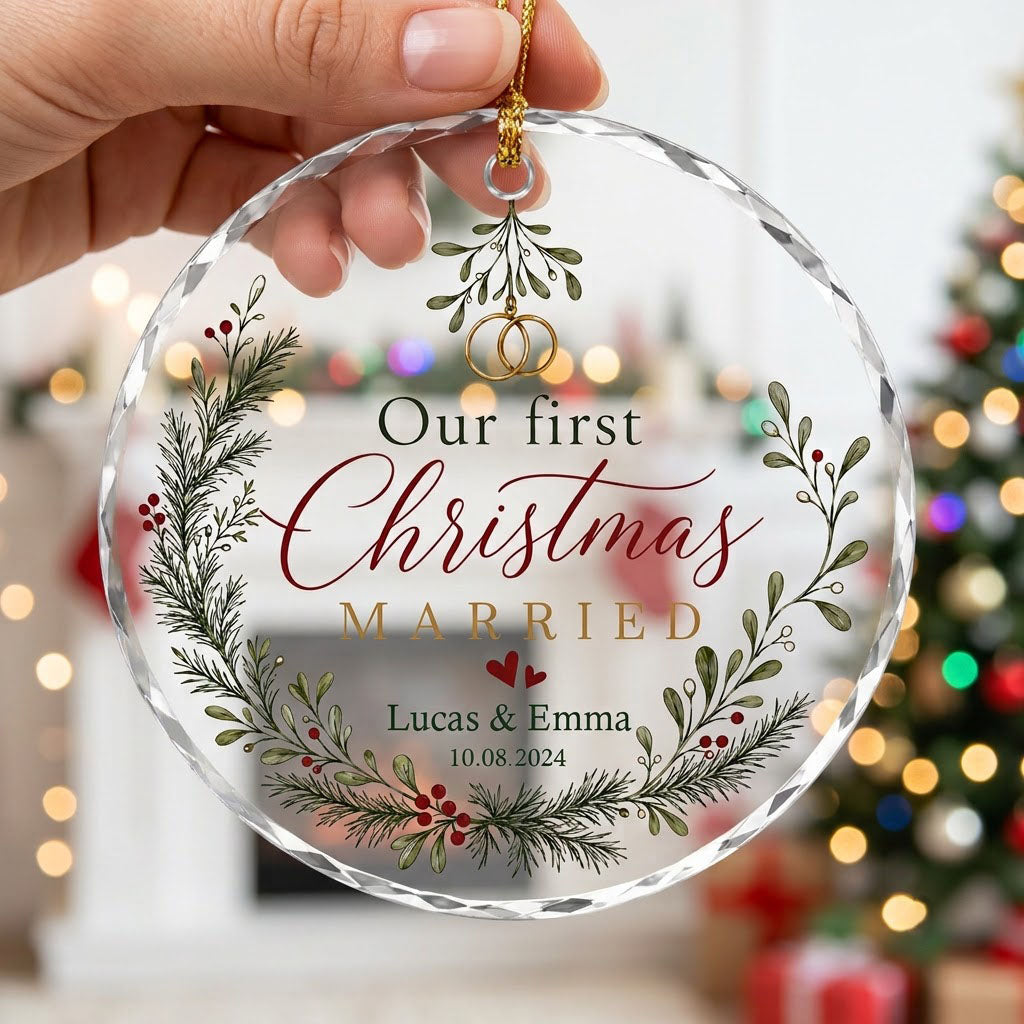 Personalized Our First Christmas Married Mistletoe Wreath Round Glass Ornament