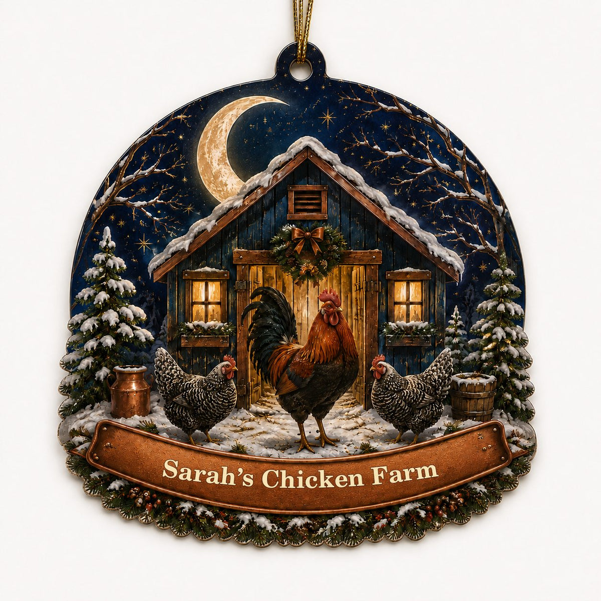 Personalized Moonlit Chicken Coop Wood Ornament, Custom Farmhouse Keepsake