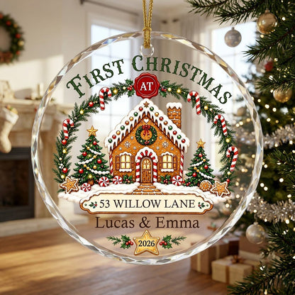 Personalized First Christmas at New Home Gingerbread House Round Glass Ornament