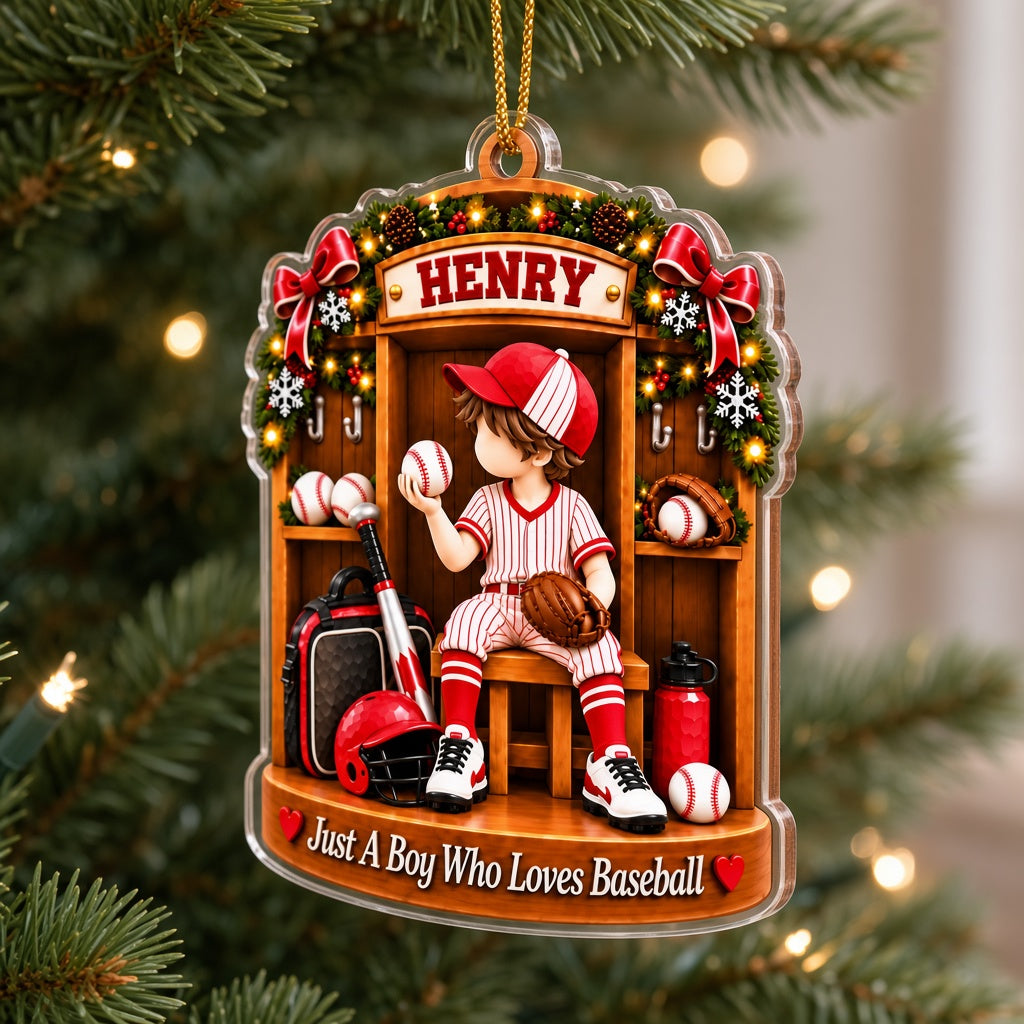 Acrylic ornament of a boy in red pinstripe baseball gear in a locker with garland and 'Just A Boy Who Loves Baseball'.