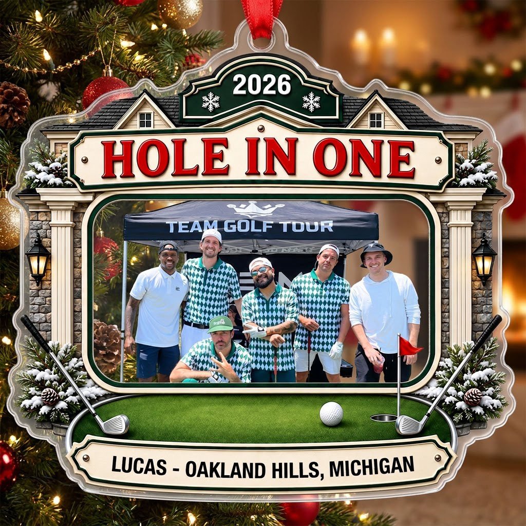 Clubhouse-shaped acrylic ornament with golf photo frame, lanterns, crossed clubs, red flag and a personalized name plaqu