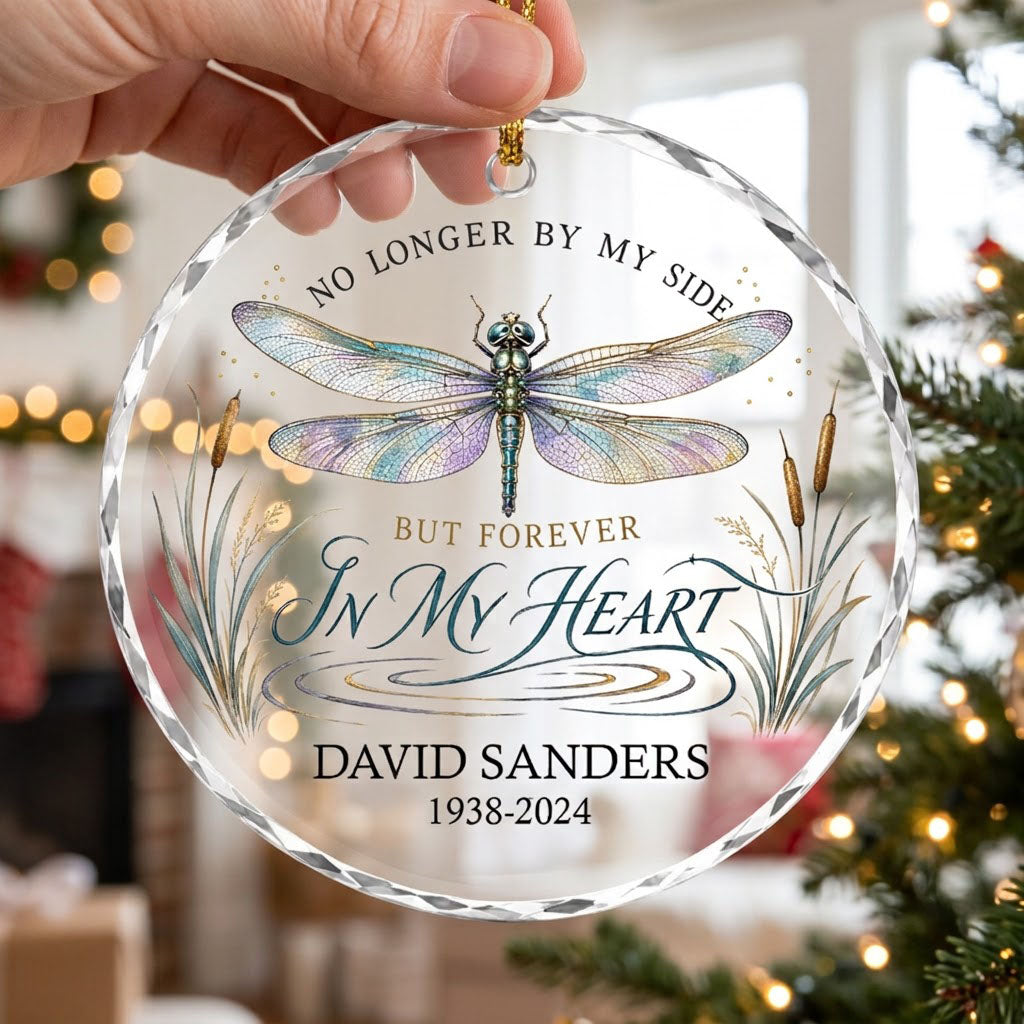 Personalized Dragonfly Memorial No Longer By My Side Round Glass Ornament