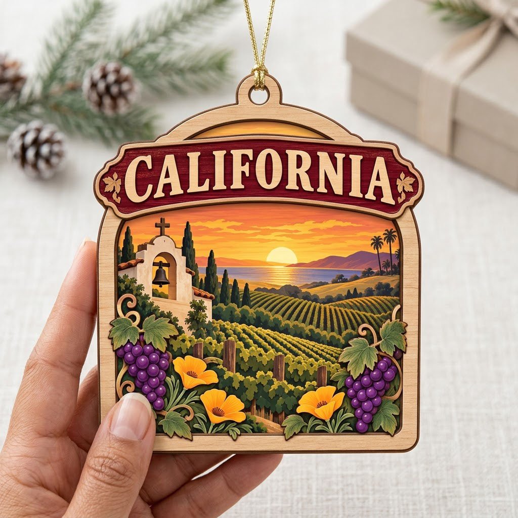 Wood ornament with red banner, California mission, vineyards, poppies, grapes, palms, mountains, and ocean sunset.