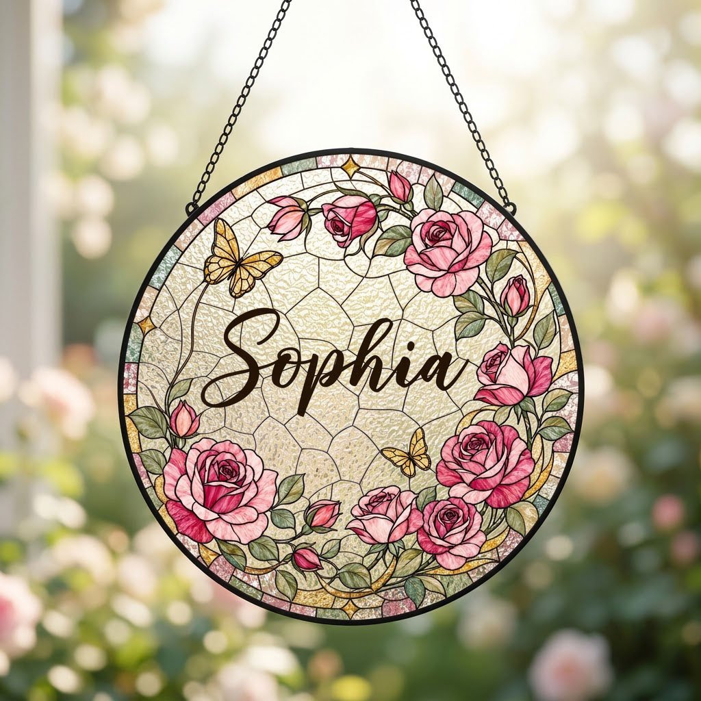 Round stained-glass style suncatcher with pink roses, two yellow butterflies, green leaves, and a decorative patterned b