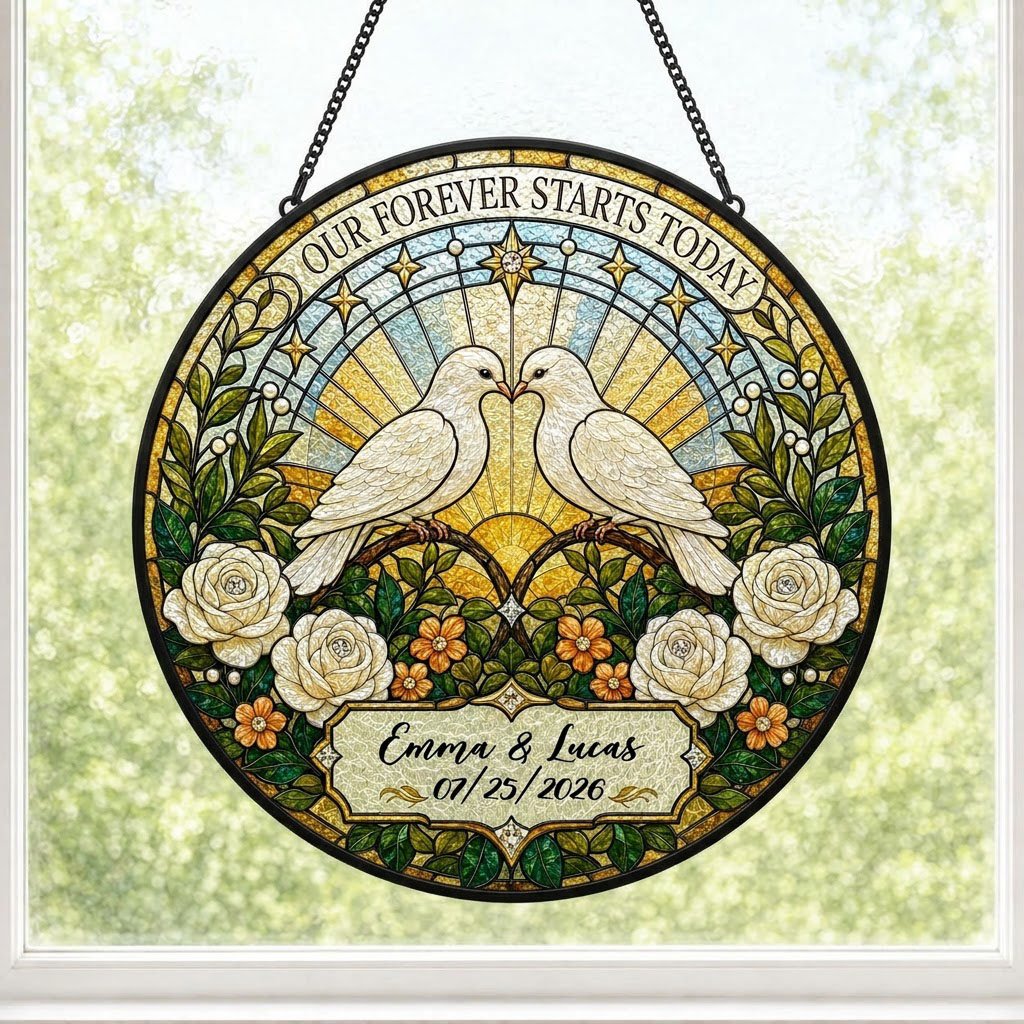 Personalized Wedding Doves Our Forever Starts Today Floral Stained Glass Round Suncatcher